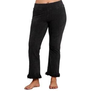NWOT CHATOYANT Pants L Black Mineral-Wash Crochet Fringe Bootcut Ankle Stretchy